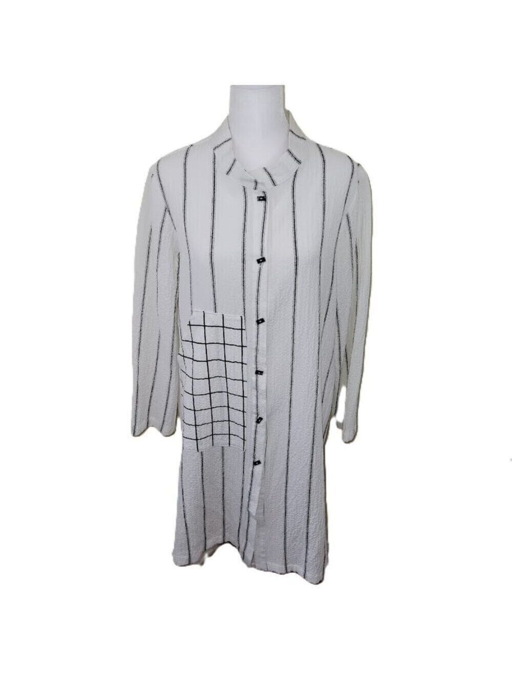 Moonlight Y&S White W/Striped  Button-Up Tunic Blouse Long Sleeve Women's Size S